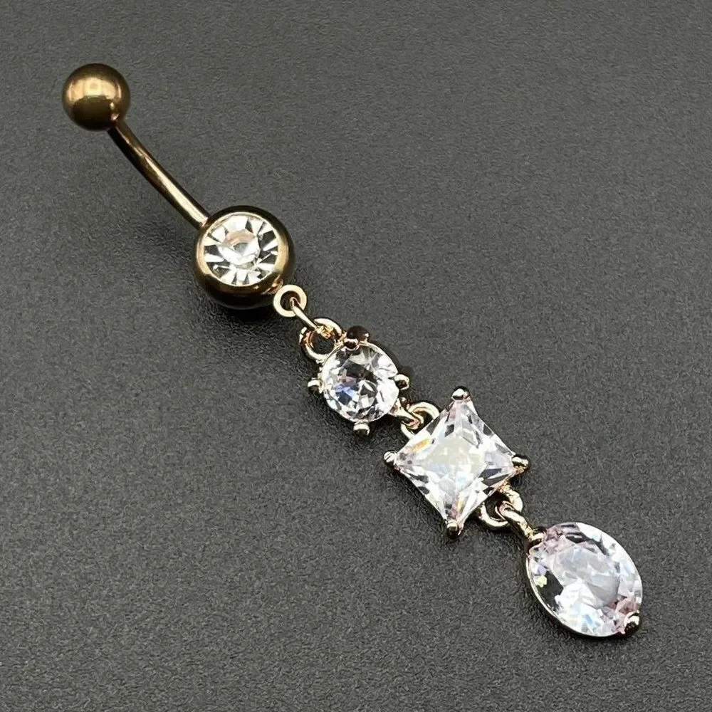 316L Stainless Steel with White Diamond Cubic Zirconia Dangling 14G Belly Ring